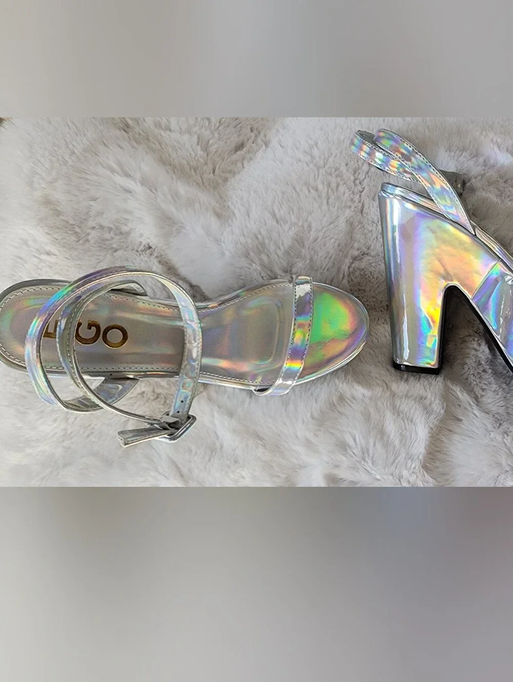 EGO Silver Holographic Platform Block Heel Sandals Size 9